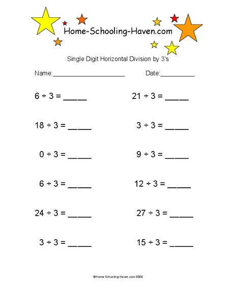 Single Digit Horizontal Division by 3's Worksheet
