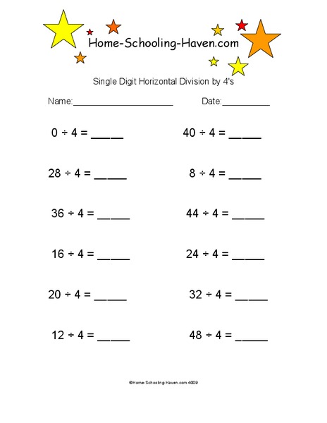 Single Digit Horizontal Division by 4's Worksheet