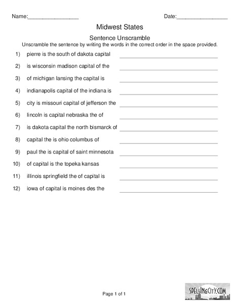 Midwest States: Sentence Unscramble Worksheet