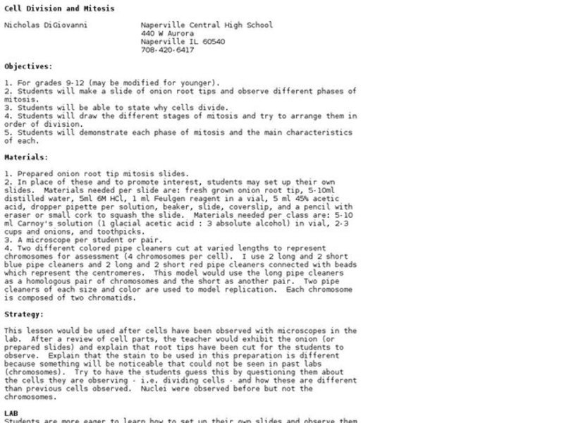 Cell Division and Mitosis Lesson Plan