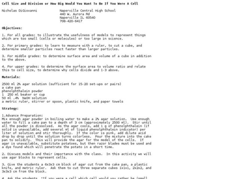 Cell Size and Division or How Big Would You Want To Be if You Were a Cell? Lesson Plan