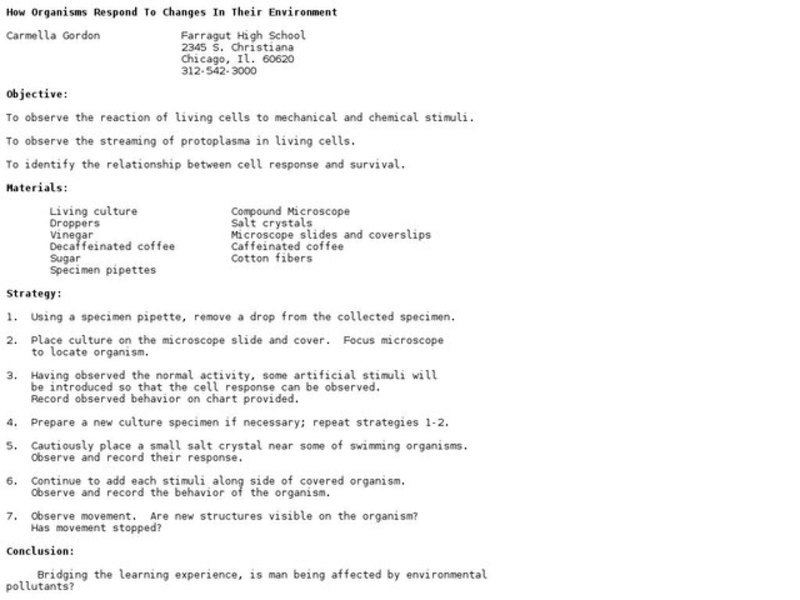 How Organisms Respond to Changes in their Environment Lesson Plan