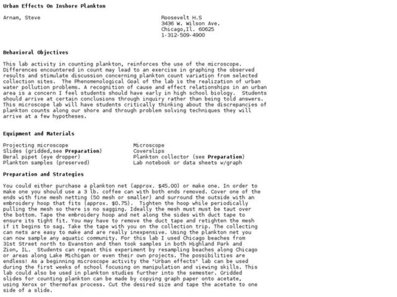 Urban Effects on Inshore Plankton Lesson Plan