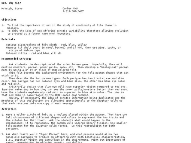 But, Why Sex? Lesson Plan