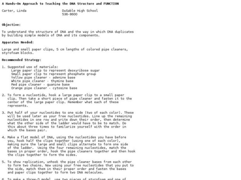 A Hands-On Approach to Teaching the DNA Structure and Function Lesson Plan
