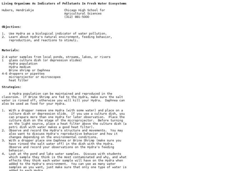 Living Organisms as Indicators of Pollutants in Fresh Water Ecosystems Lesson Plan