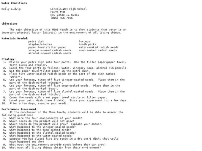 Water Conditions Lesson Plan