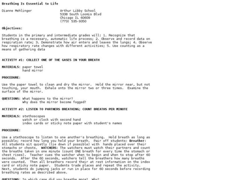 Breathing is Essential to Life Lesson Plan