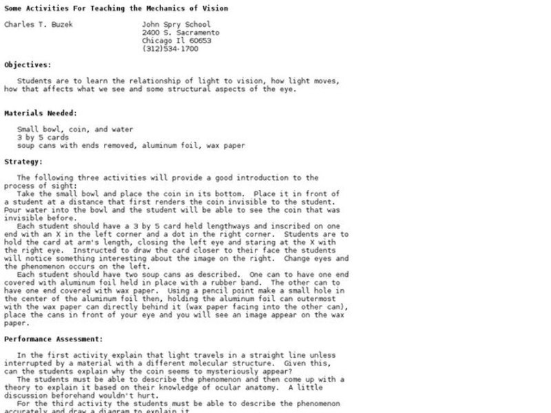 Some Activities For Teaching the Mechanics of Vision Lesson Plan