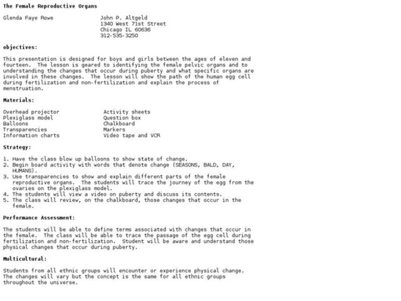 The Female Reproductive Organs Lesson Plan