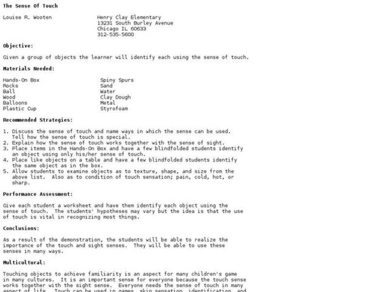 The Sense Of Touch Lesson Plan