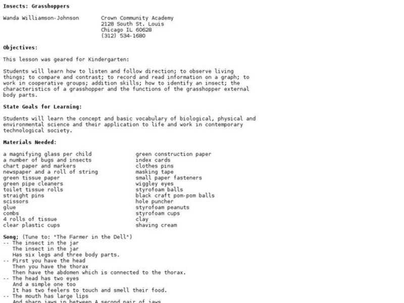 Insects: Grasshoppers Lesson Plan