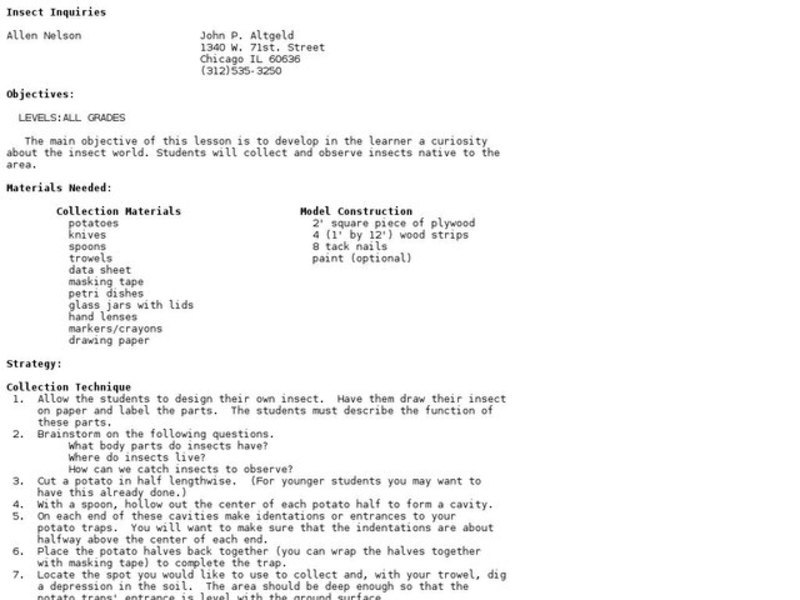 Insect Inquiries Lesson Plan