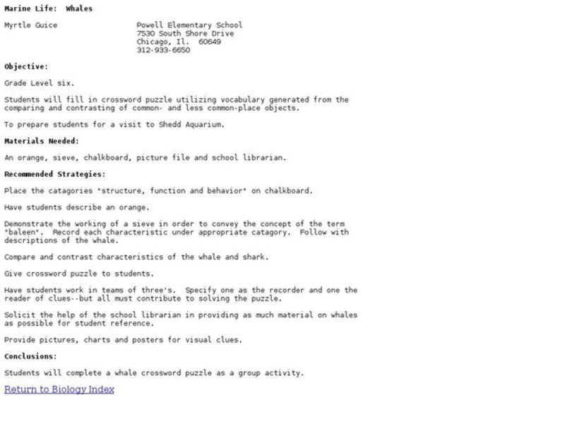 Marine Life:  Whales Lesson Plan