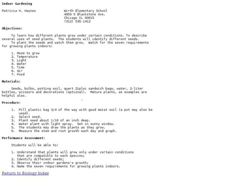 Indoor Gardening Lesson Plan