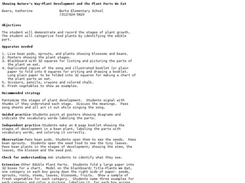 Showing Nature's Way-Plant Development and the Plant Parts We Eat Lesson Plan