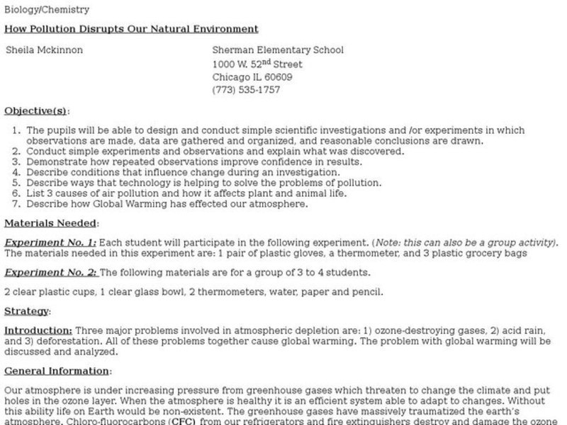 How Pollution Disrupts Our Natural Environment Lesson Plan