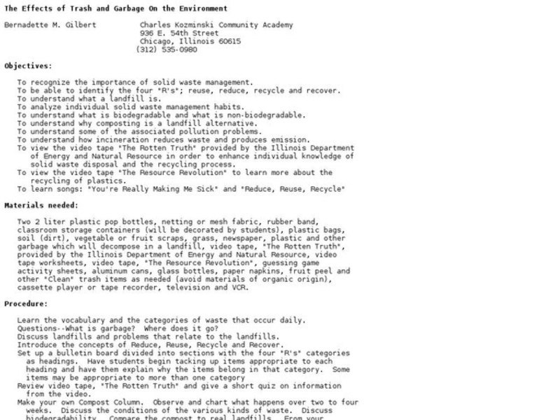 The Effects of Trash and Garbage On the Environment Lesson Plan