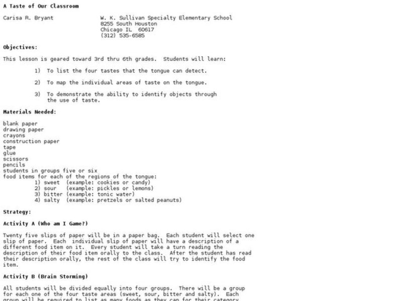 A Taste of Our Classroom Lesson Plan