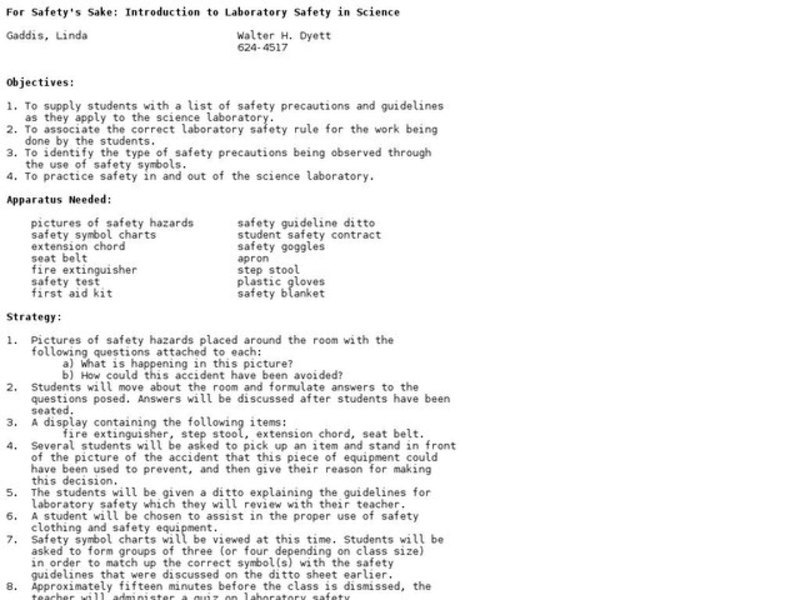 For Safety's Sake: Introduction to Laboratory Safety in Science Lesson Plan