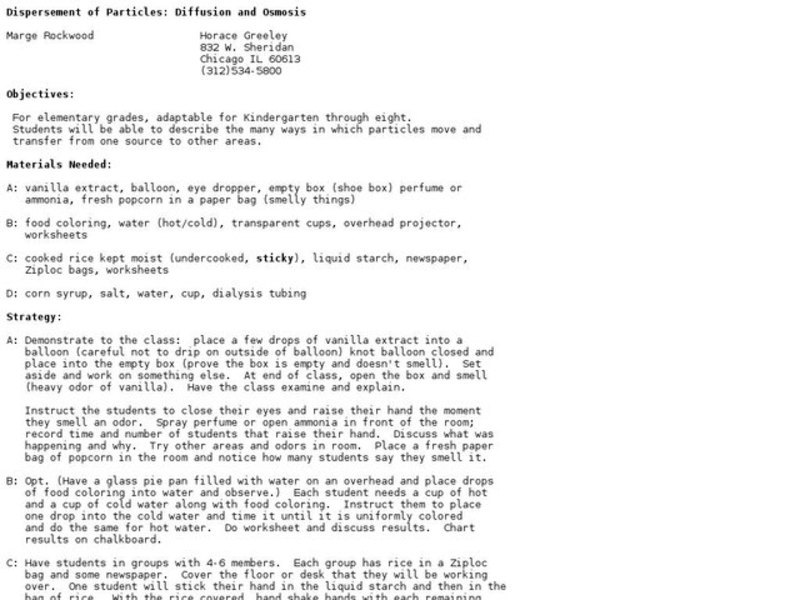 Dispersement of Particles: Diffusion and Osmosis Lesson Plan