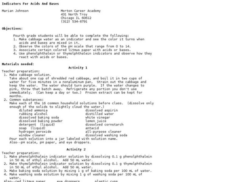 Indicators For Acids and Bases Lesson Plan