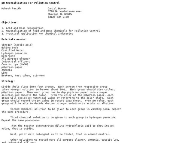 PH Neutralization For Pollution Control Lesson Plan