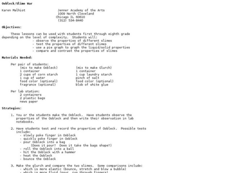 Oobleck/Slime War Lesson Plan