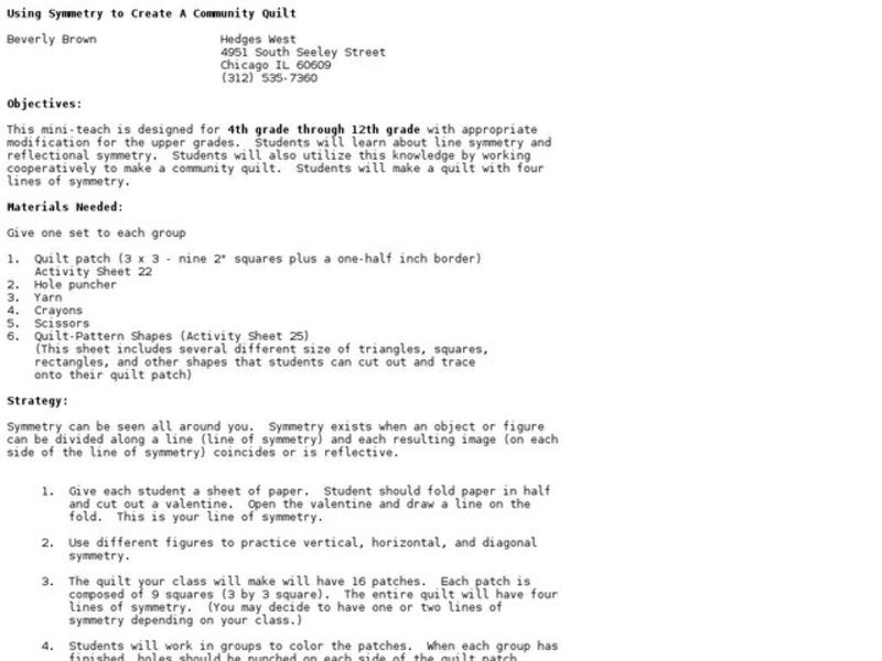 Using Symmetry to Create a Community Quilt Lesson Plan