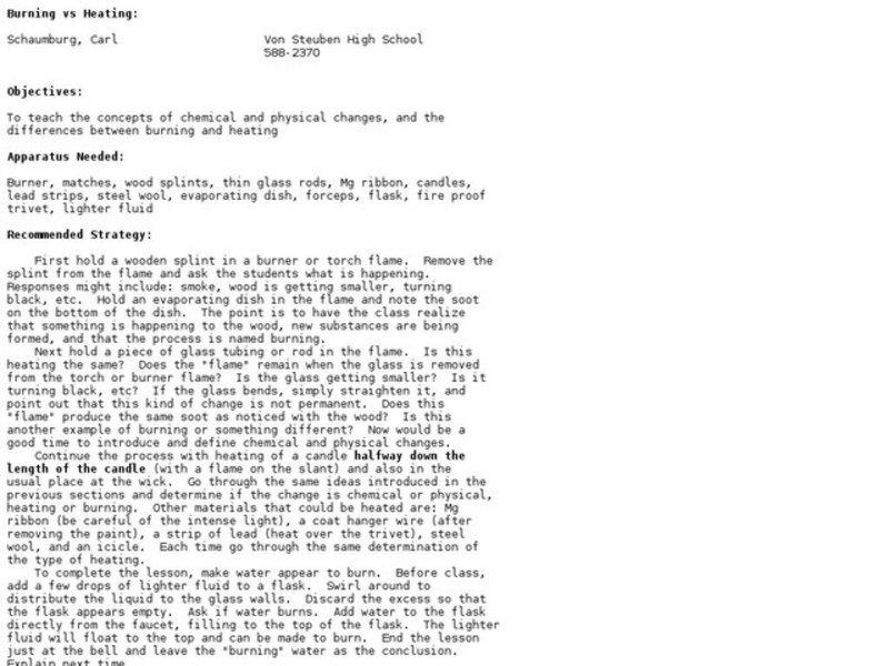 Burning vs. Heating Lesson Plan