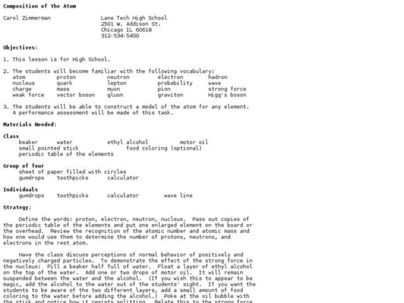 Composition of the Atom Lesson Plan
