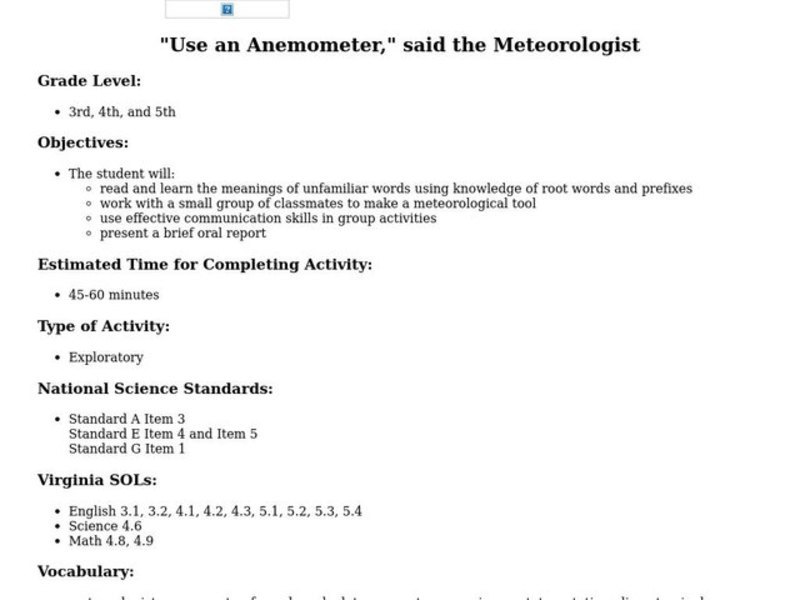 "Use an Anemometer," said the Meteorologist Lesson Plan