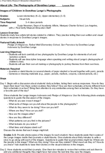 About Life: The Photographs of Dorthea Lange - Images of Children in Dorothea Lange's Photographs Lesson Plan