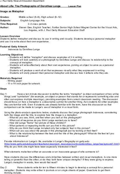 About Life: The Photographs of Dorothea Lange Image as Metaphor Lesson Plan