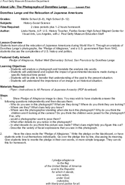 Dorothea Lange and the Relocation of Japanese Americans Lesson Plan