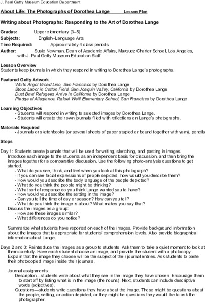 Journal Response to Art Lesson Plan