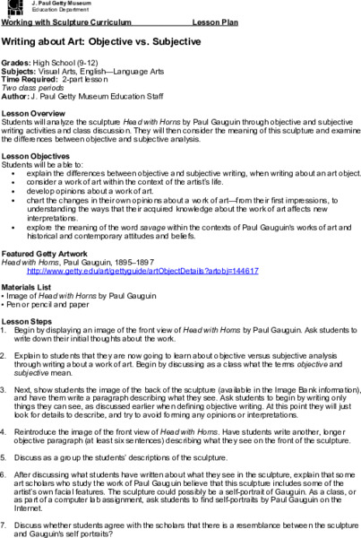 Writing About Art: Subjective vs. Objective Lesson Plan