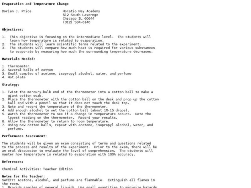 Evaporation and Temperature Change Lesson Plan