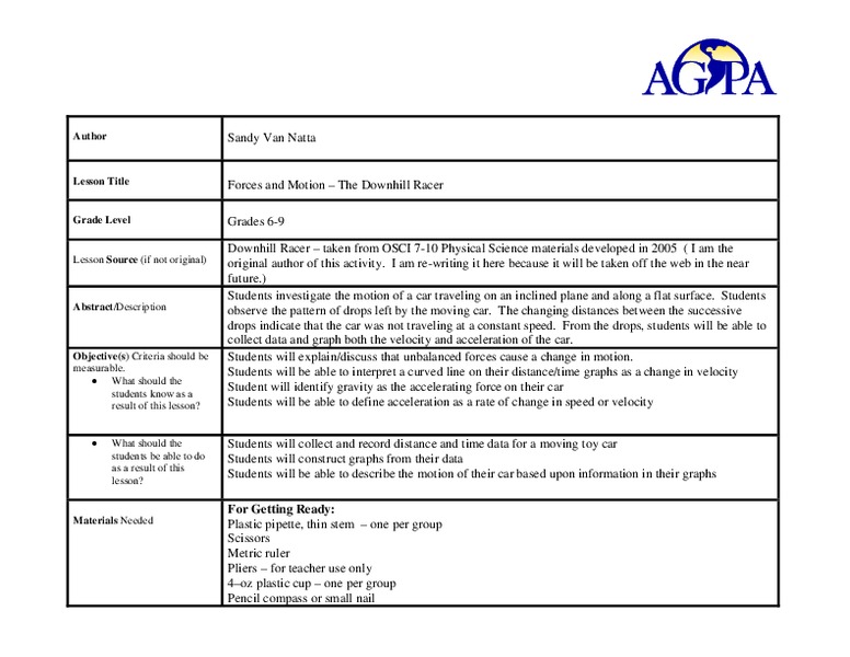 Forces and Motion-The Downhill Racer Lesson Plan