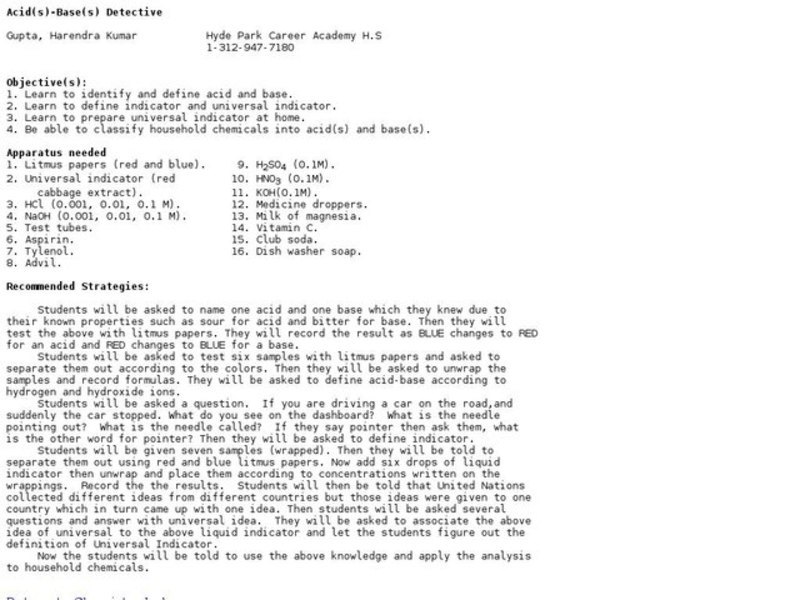 Acid(s)-Base(s) Detective Lesson Plan