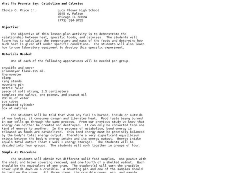 What The Peanuts Say: Catabolism and Calories Lesson Plan