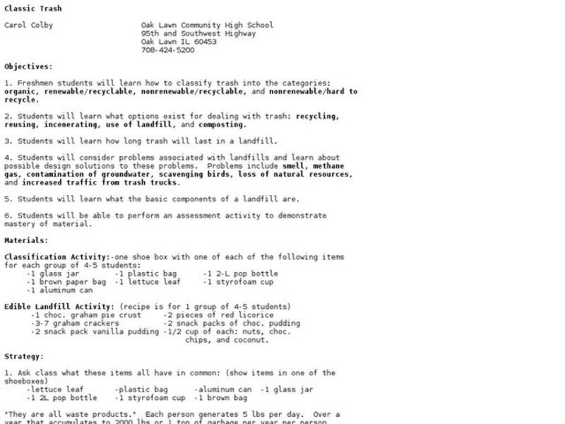 Classic Trash Lesson Plan