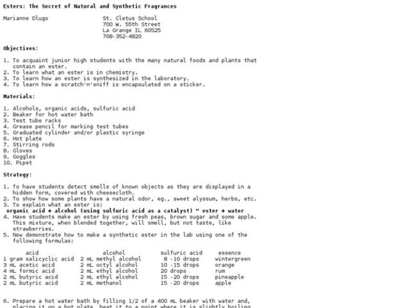 Esters: The Secret of Natural and Synthetic Fragrances Lesson Plan