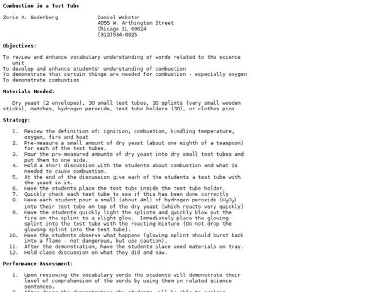 Combustion In a Test Tube Lesson Plan