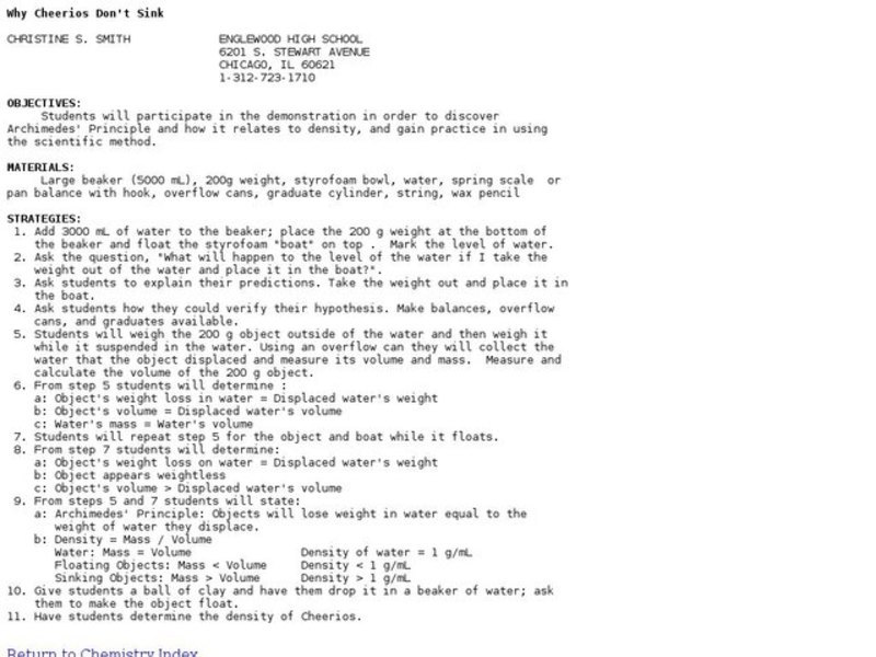 Why Cheerios Don't Sink Lesson Plan