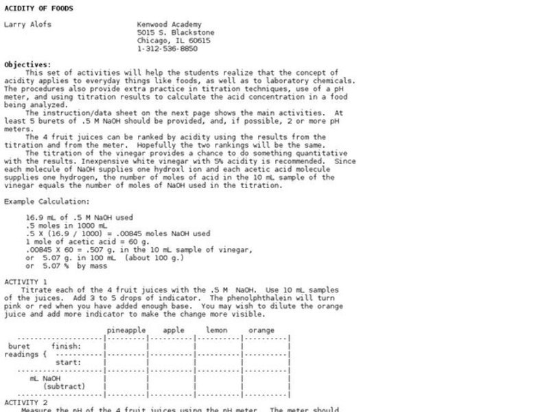 Acidity of Foods Lesson Plan
