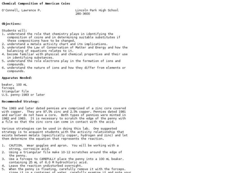 Chemical Composition of American Coins Lesson Plan