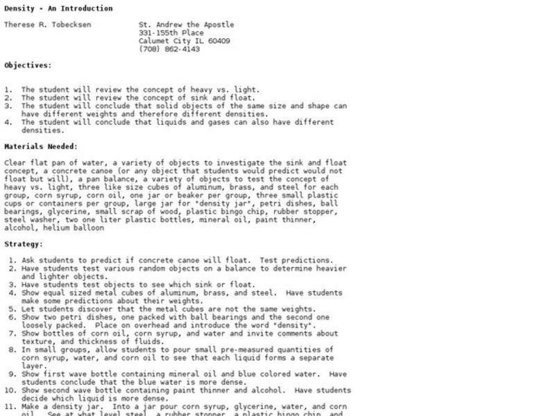 Density - An Introduction Lesson Plan
