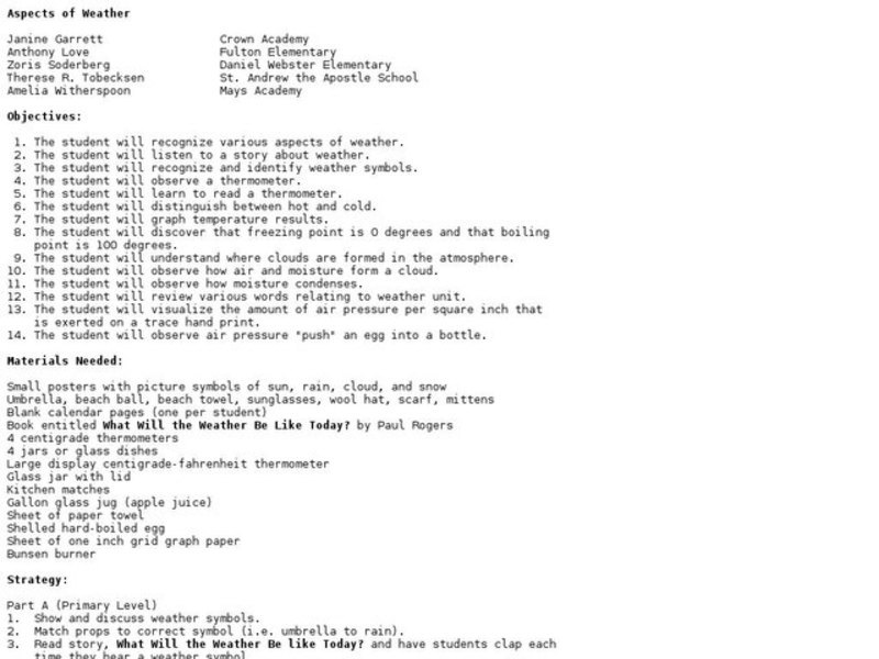 Aspects of Weather Lesson Plan