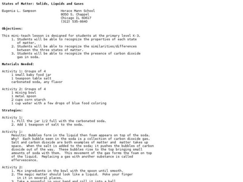 States of Matter: Solids, Liquids and Gases Lesson Plan